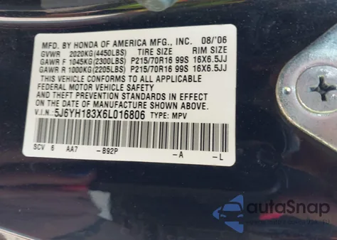 2006 Honda Element Lx from USA, damaged, VIN 5J6YH183X6L016806